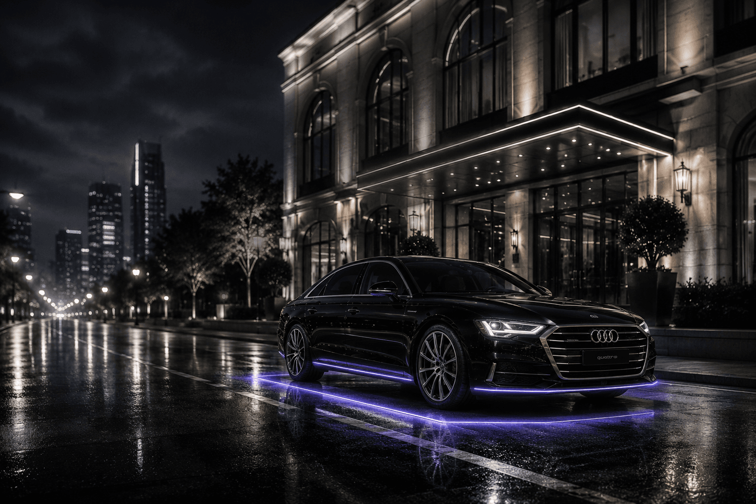 Luxury sedan parked on a wet city street at night
