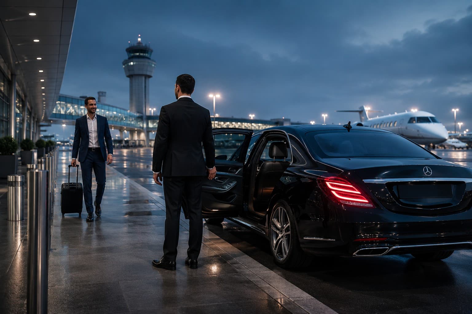 Chauffeur greeting travelers beside a black luxury vehicle