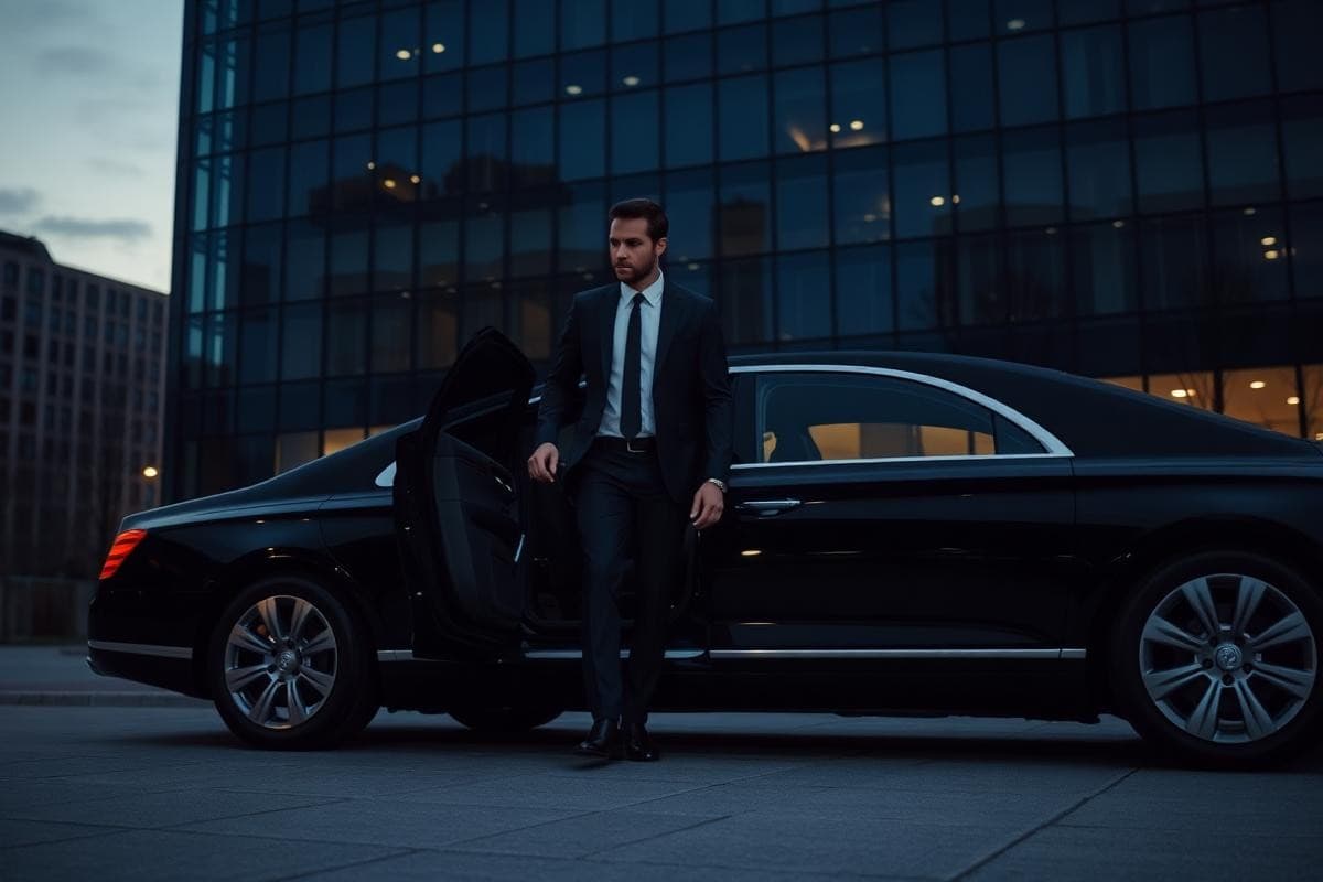 Executive arriving by luxury car at a modern glass office building