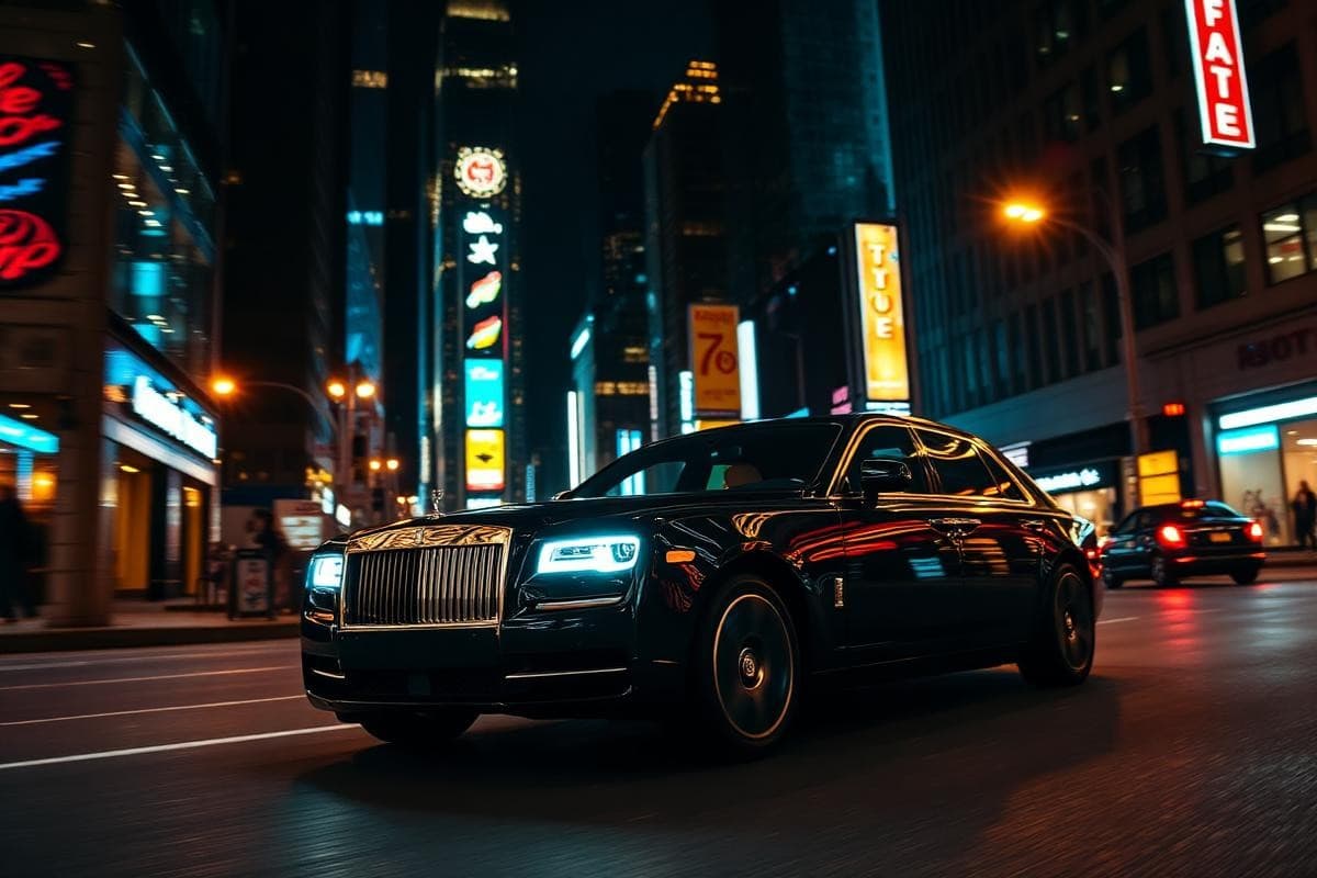 Luxury chauffeur car on a brightly lit city street at night