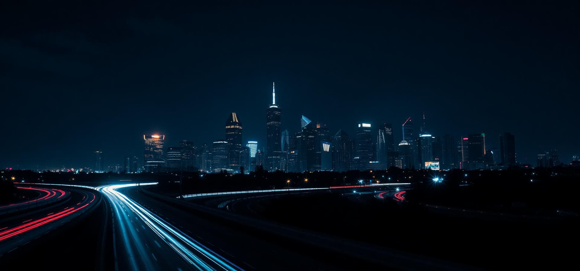 Night city skyline with highway light trails