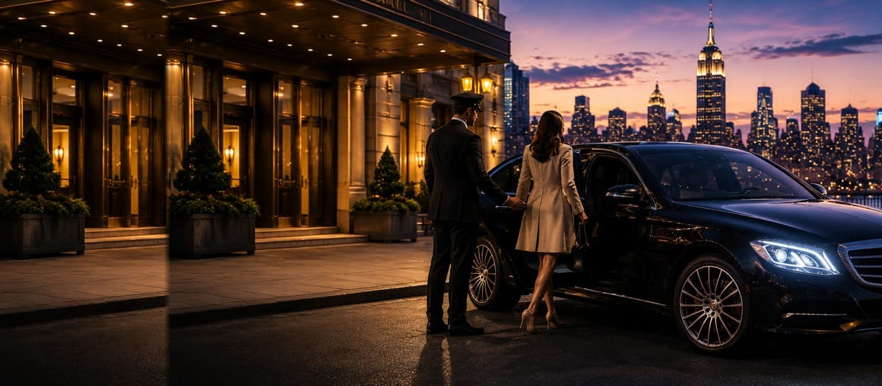 Chauffeur holding the door of a luxury sedan for a guest with the London skyline at dusk