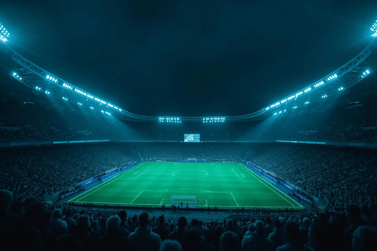 Soccer stadium packed for a night match under bright lights
