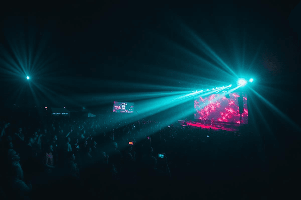 Concert stage with blue laser lights and a packed crowd